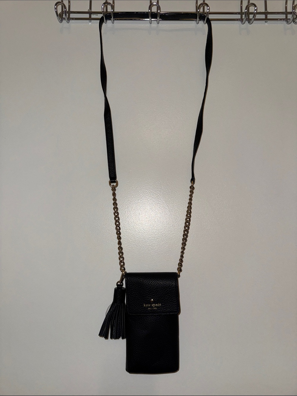 kate spade Black Leather Crossbody Phone Pouch with Tassel and Chain Strap